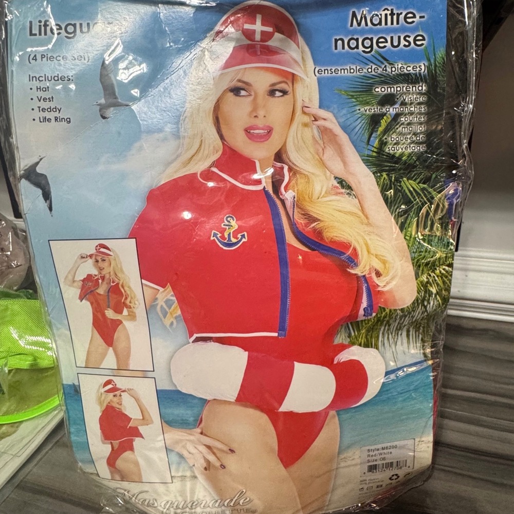 Masquerade Coquette Lifeguard Costume One Size 4 Piece Red White Teddy Vest Hat